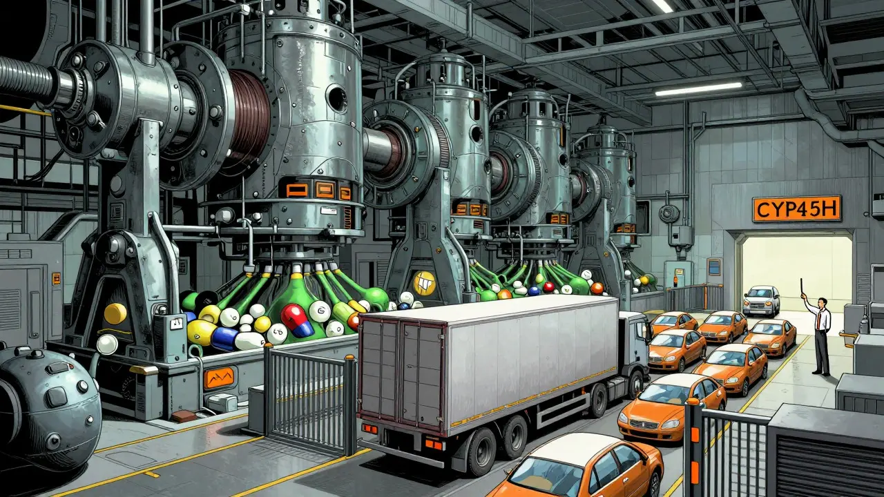 Liver enzymes processing drugs in a factory setting, manhua illustration.