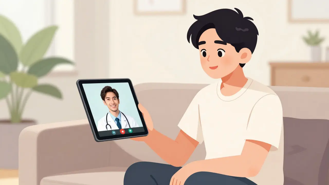 Man consulting doctor via video call on tablet at home