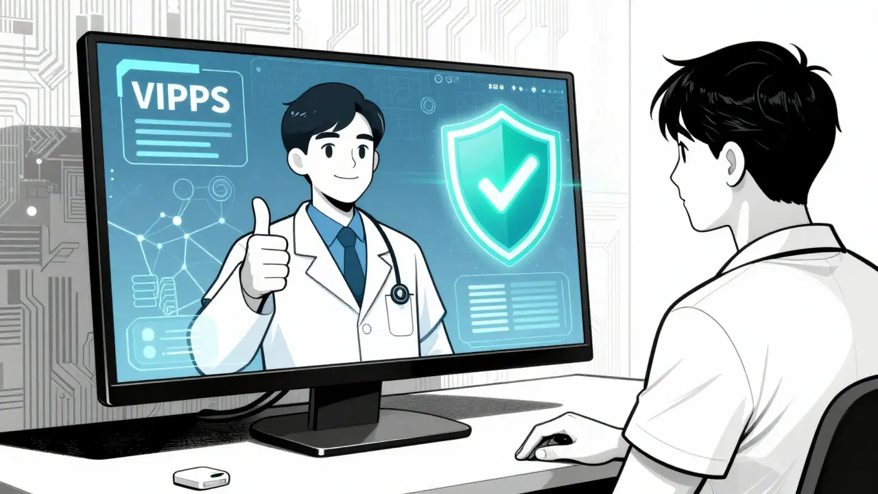 Manhua illustration of a telehealth video call with a safety shield icon, symbolizing verified online pharmacies.