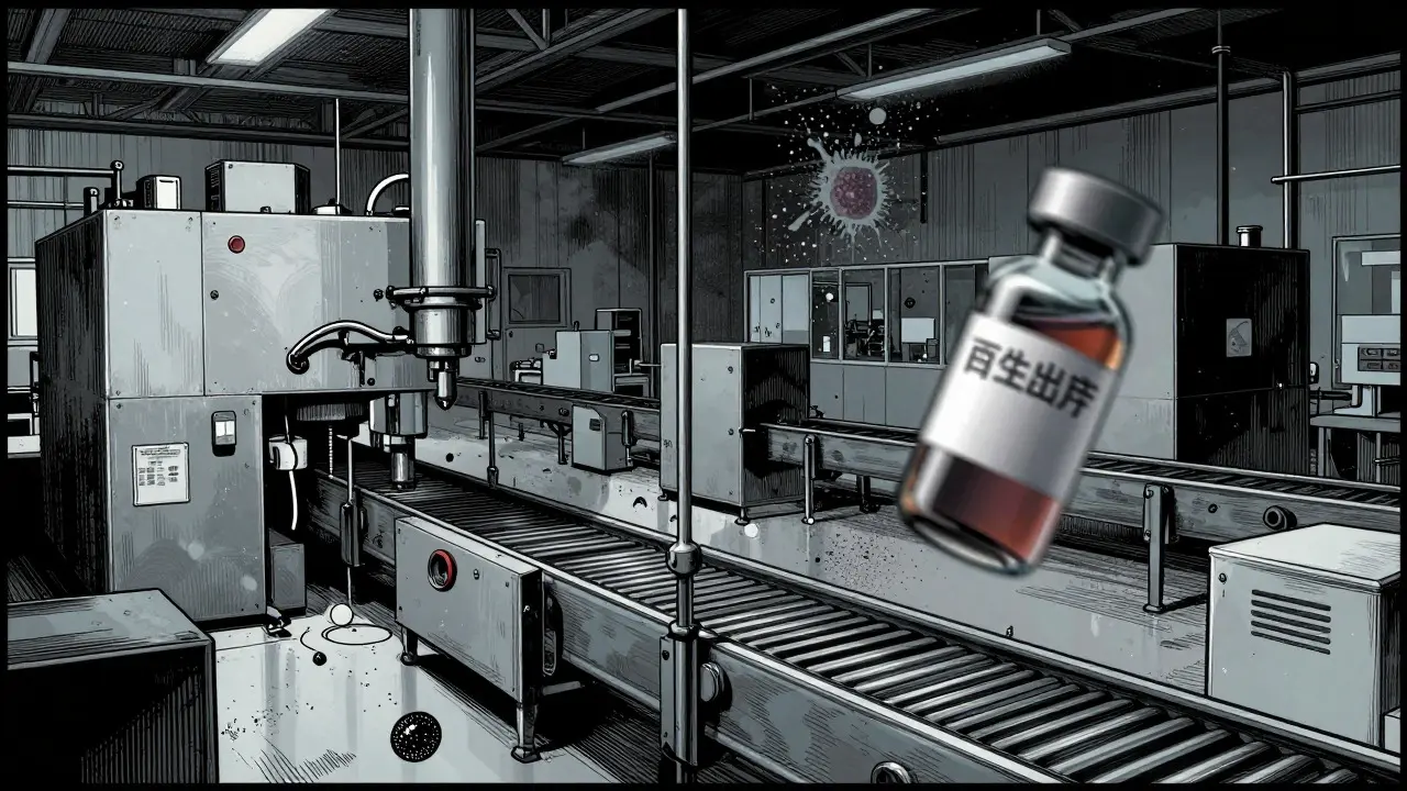 Manhua illustration of drug manufacturing defects like dust and labeling errors in a factory