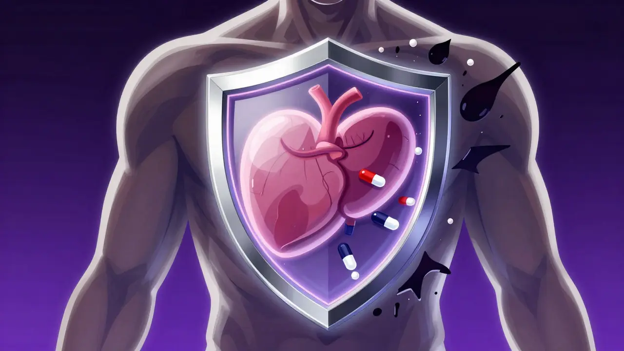 Manhua style glowing shield protecting a heart and pills from external threats