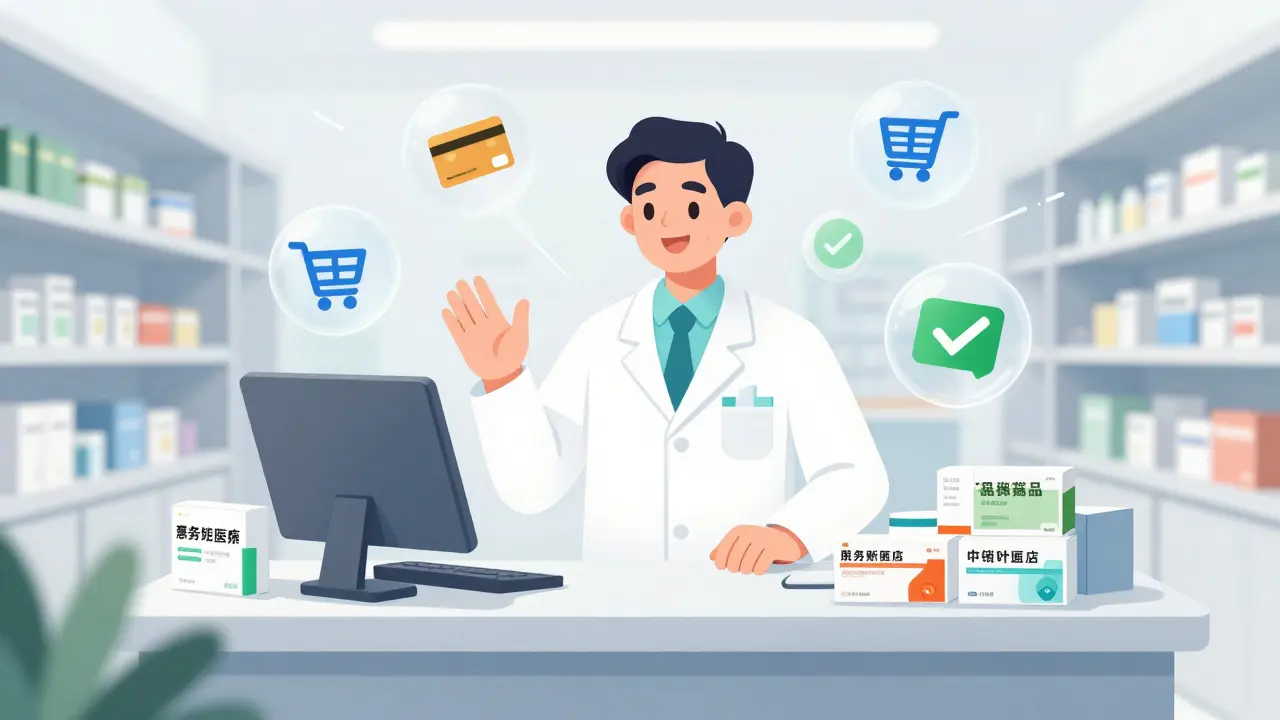 Manhua style pharmacist in an online shop with digital transaction icons