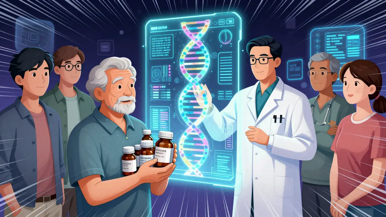 Patients and pharmacist reviewing AI health data, Chinese comic style.