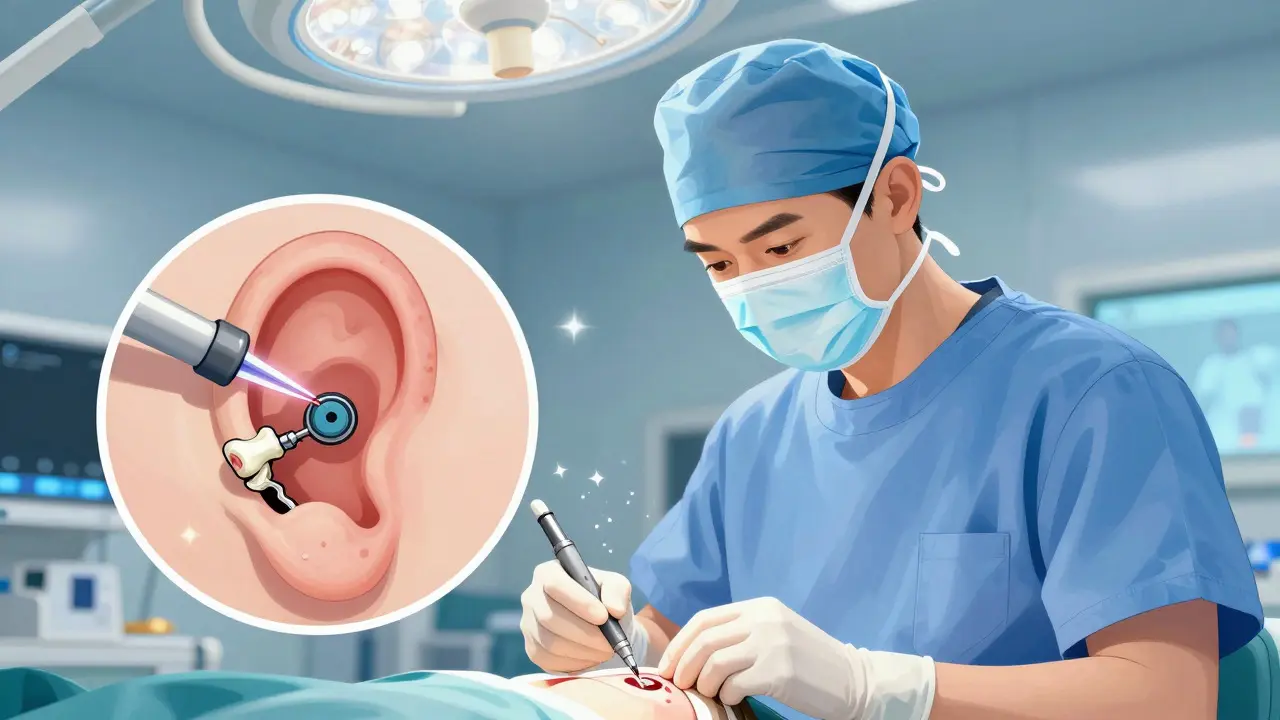 Surgeon performing laser-assisted ear surgery with magnified view of prosthetic implant