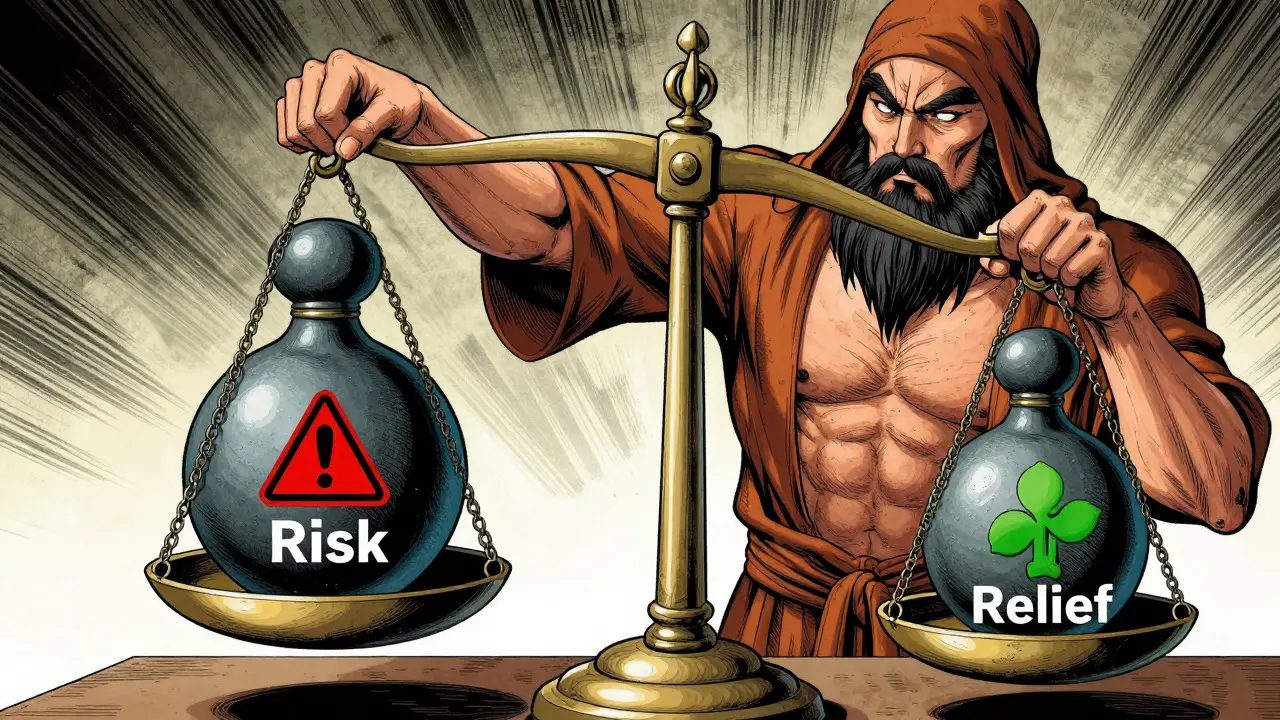 Symbolic balance scale weighing opioid risks against pain relief benefits.