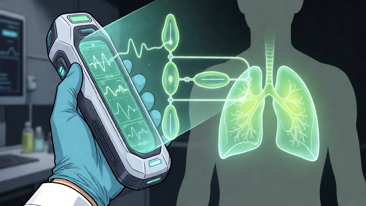 Futuristic biosensor monitoring respiratory neuron activity in a manhua-style lab.