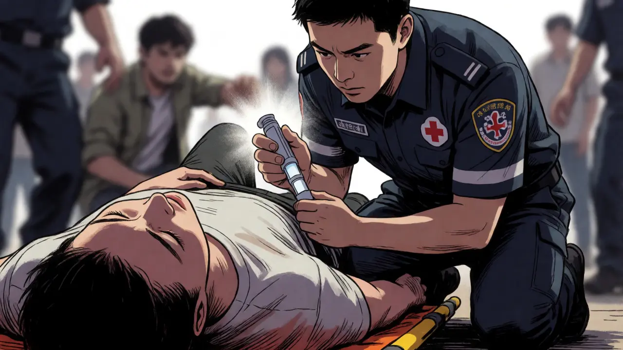 Paramedic administering naloxone injection to an unconscious overdose patient in manhua style.